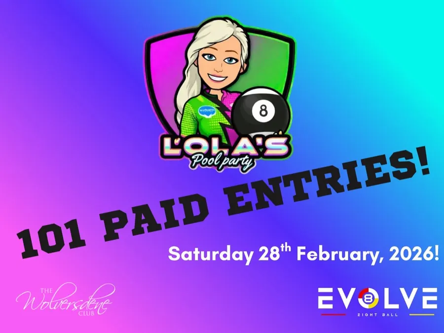 Lola's Pool Party artwork for Evolve Eight Ball: a cartoon player holding an eight ball on a pink, purple and teal gradient
